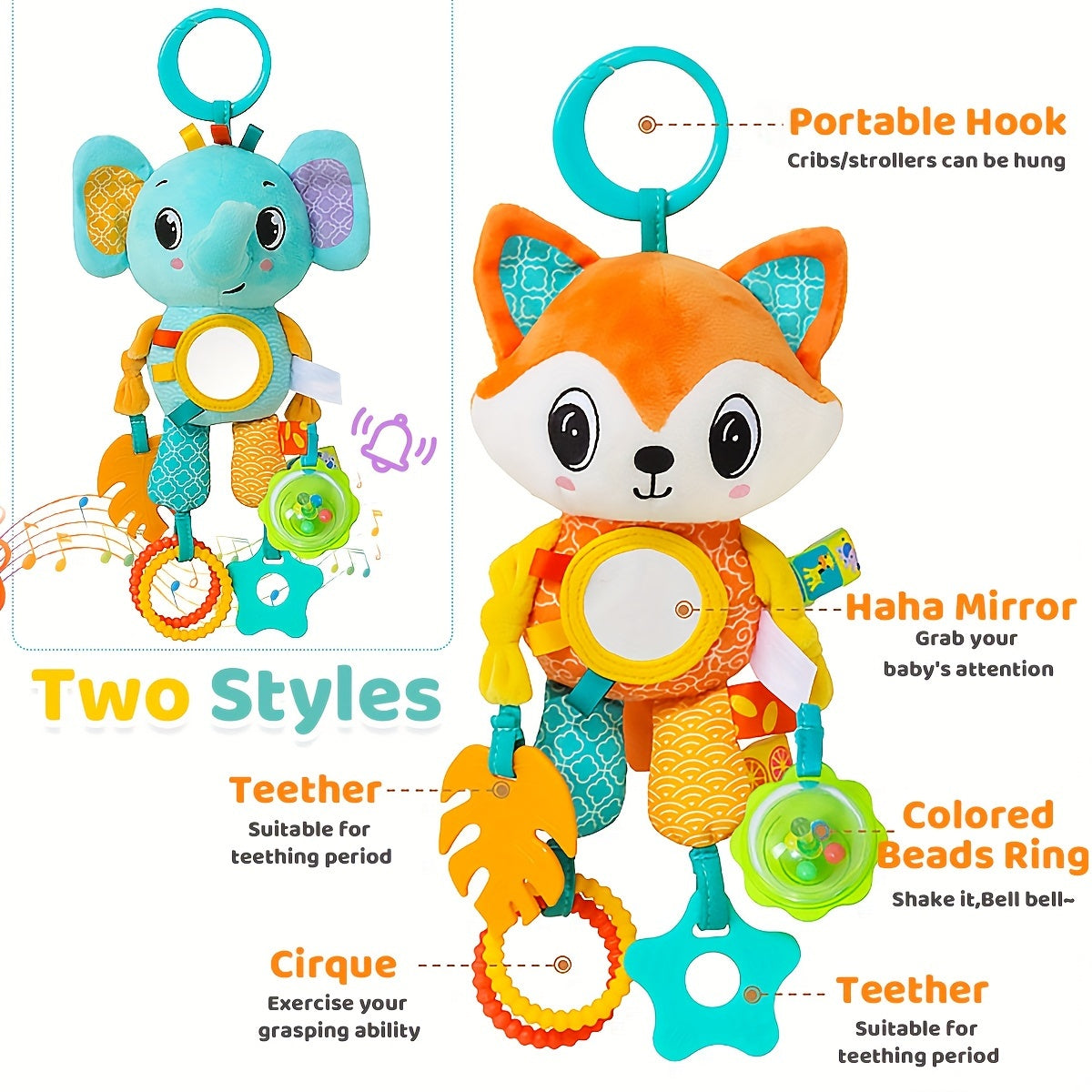 Baby Rattle Toy for 0-3 Years Textile Cartoon Animal Stroller and Car Seat Accessory