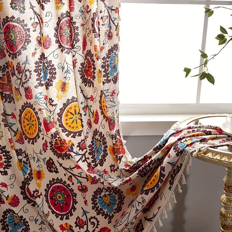 Cortina boho floral semi-oscura para sala de estar, poliéster resistente al agua