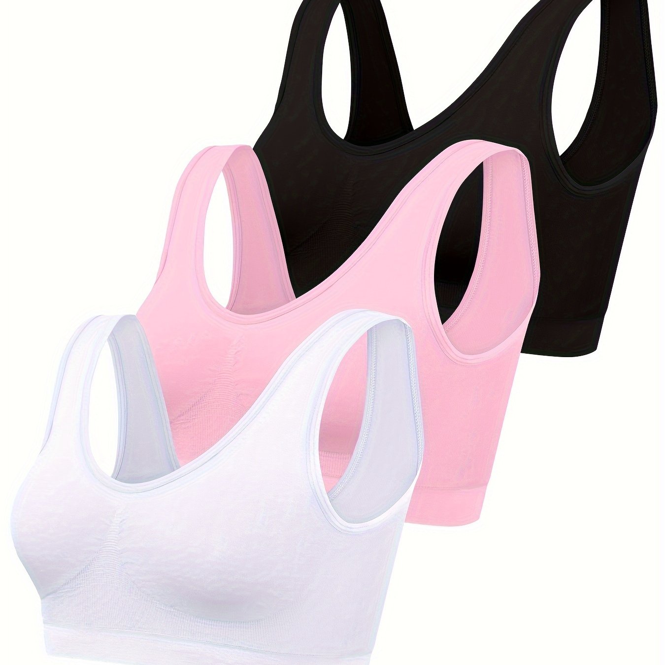 Women's Seamless Sports Bras 3-Pack Black White Beige Ribbed Nylon Tank Top Style No Padding