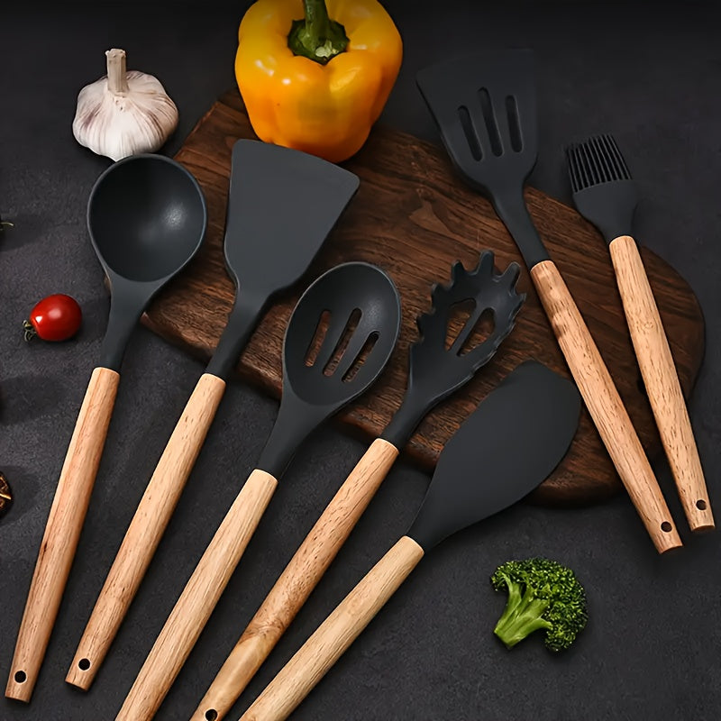 Silicone Cooking Utensil Set with Wooden Handles Non-Stick Heat Resistant Dishwasher Safe