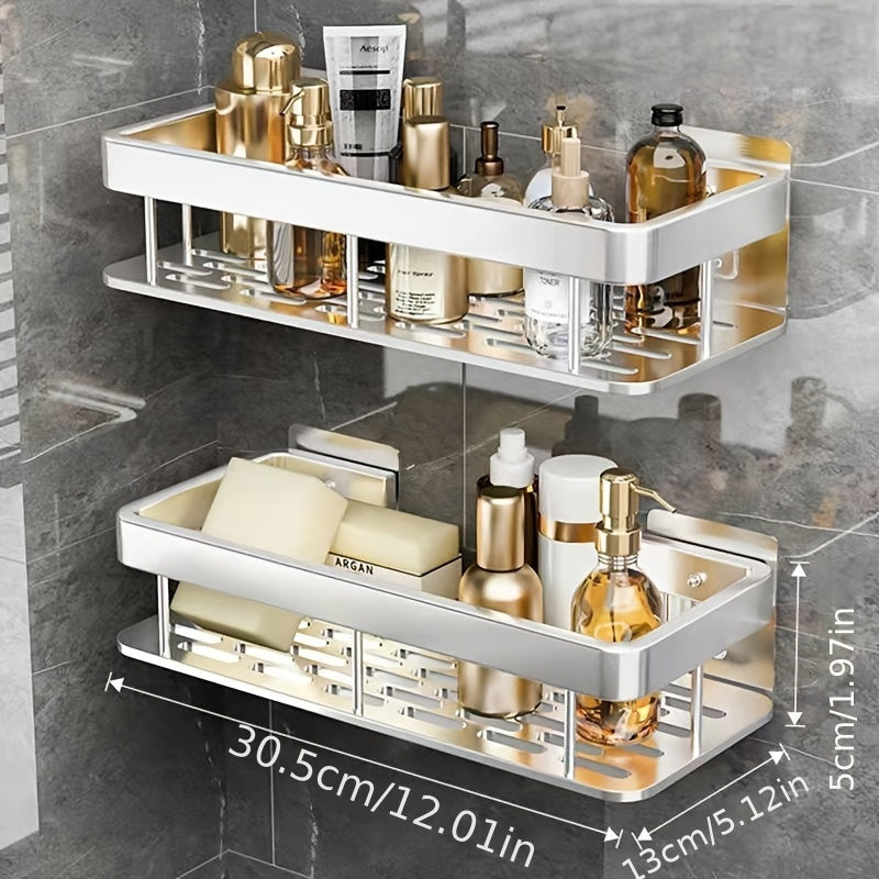 Wall-Mounted Bathroom Shelf Rack with Adhesive Shower Basket for Toiletries and Kitchen Storage