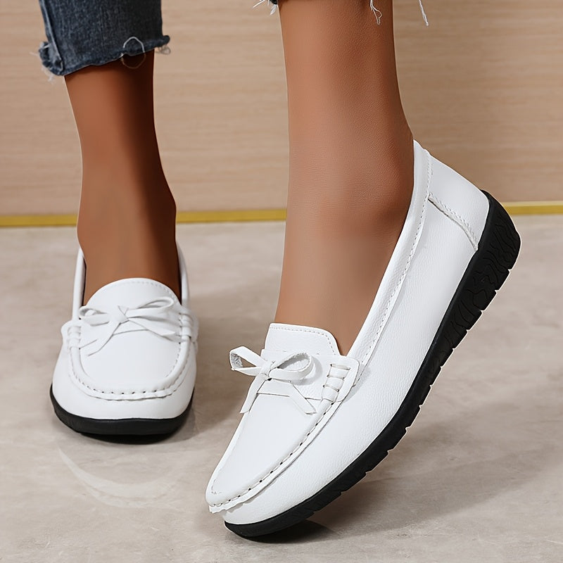 Women's White Faux Leather Loafers with Bow Slip-On Flats for Casual and Nurse Use