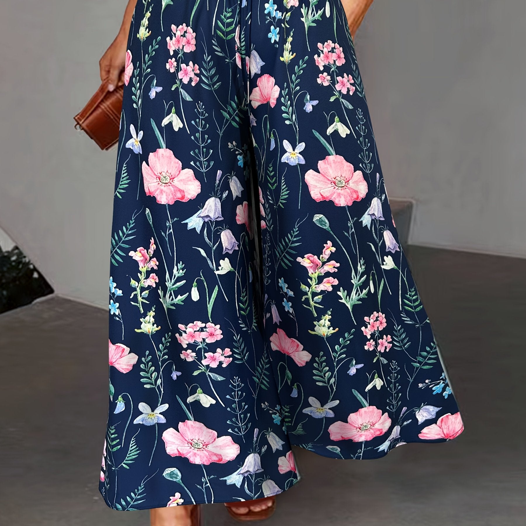 Women's Plus Size Floral Wide Leg Pants Elastic Waist Pockets