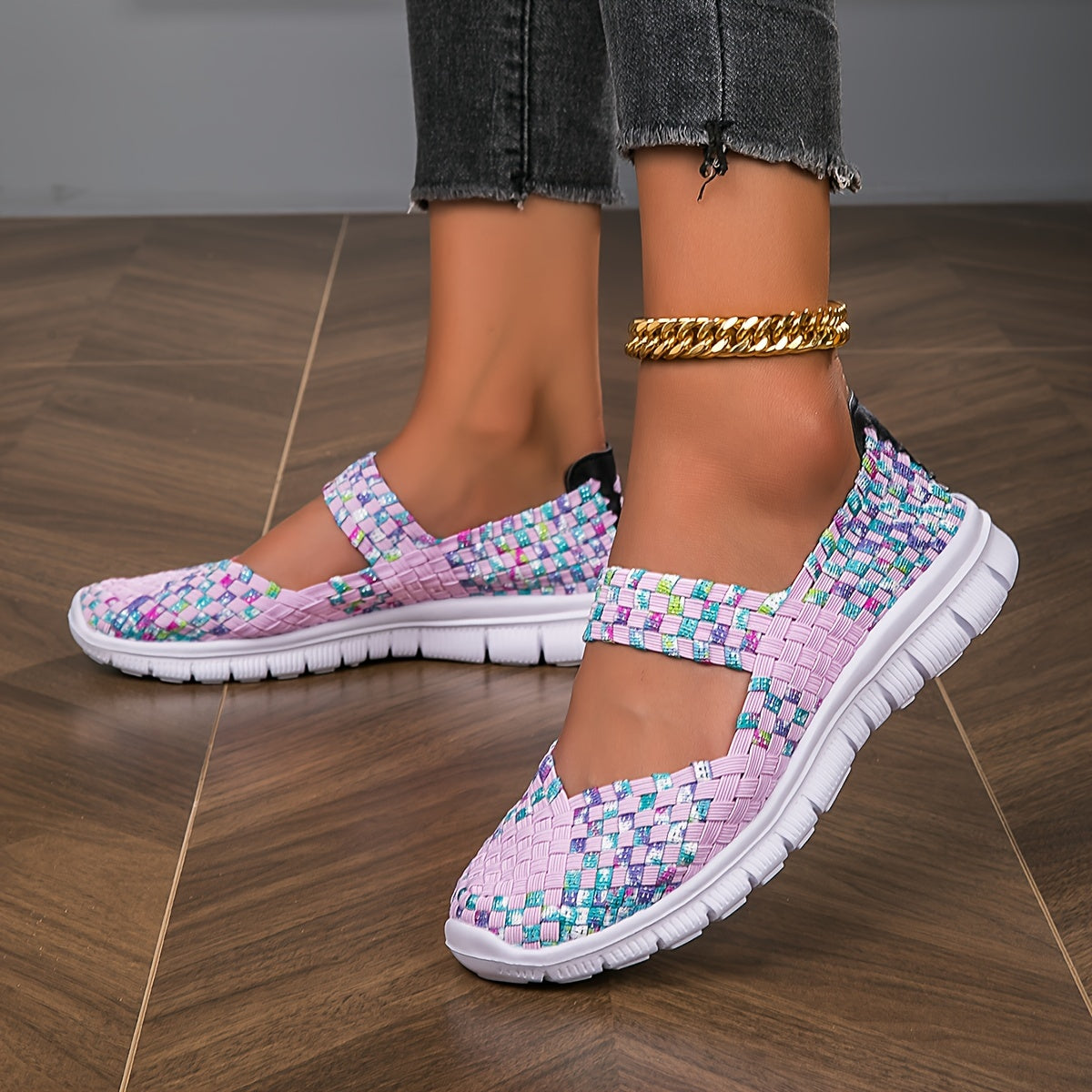 Zapatillas de verano transpirables de tejido para mujer, casuales y sin cordones, rosa multicolor