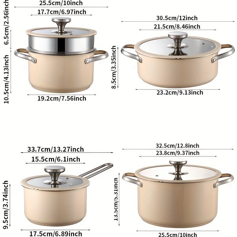 Cooking Pots Set with Glass Lids Stainless Steel Beige and White Compatible with Gas Stove