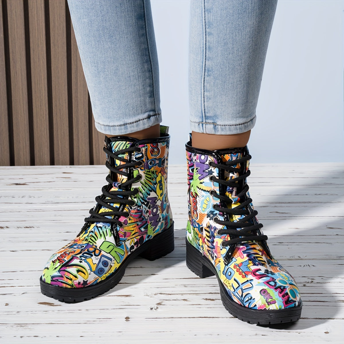 Women's Floral Printed Leather-Look Mid-Calf Boots with Round Toe