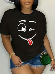 Plus Size Black Cotton Short Sleeve T-Shirt with Smile Print