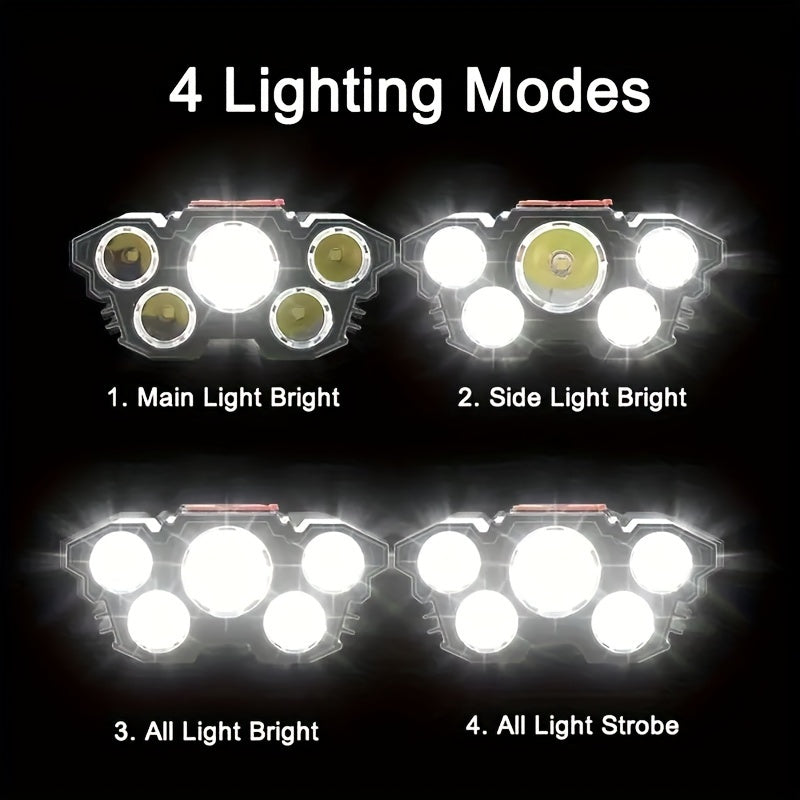 Rechargeable LED Headlamp with 5 Bright Lights for Camping Fishing and Outdoor Activities
