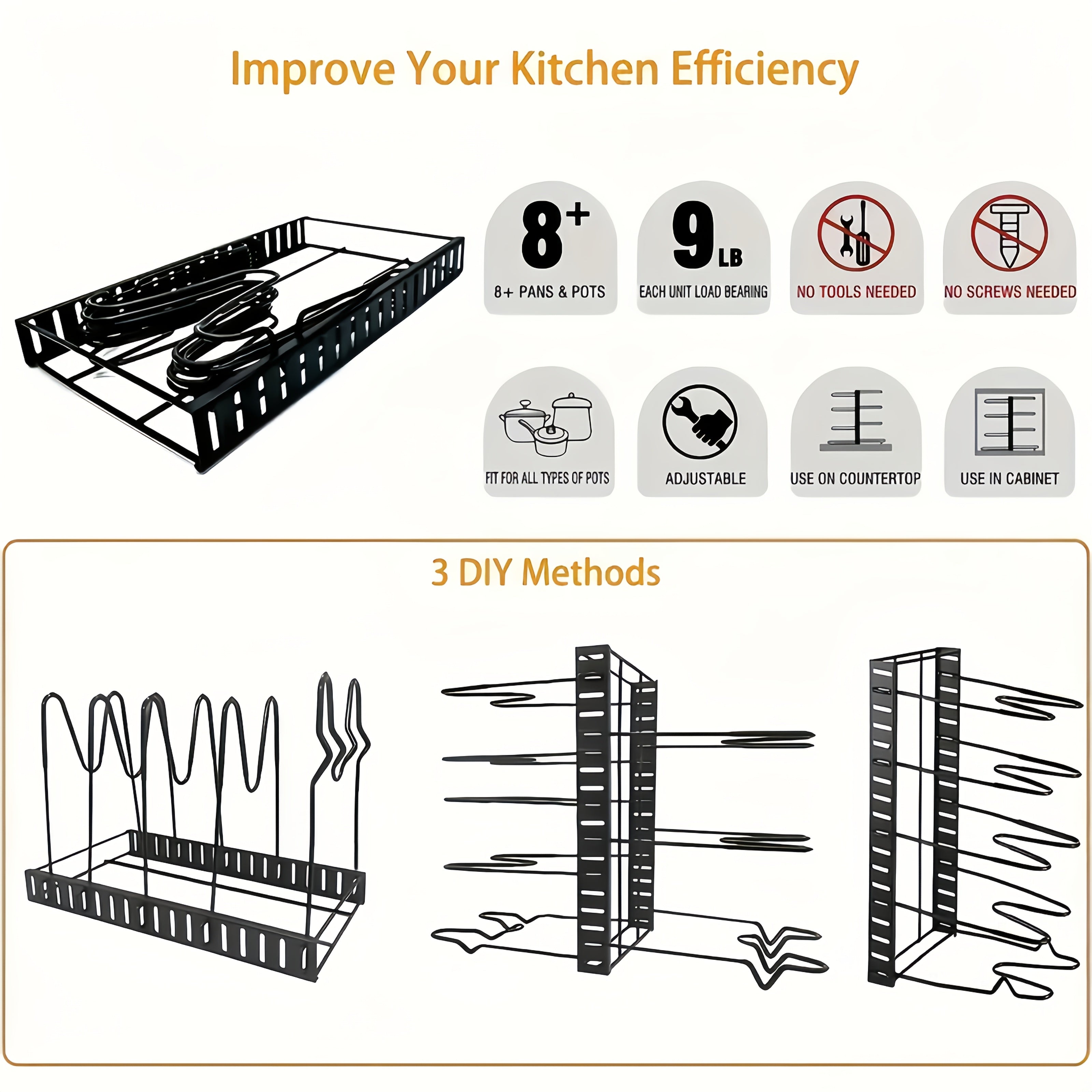 8-Tier Heavy-Duty Iron Pot Rack Organizer Rust-Resistant Space-Saving Floor Storage