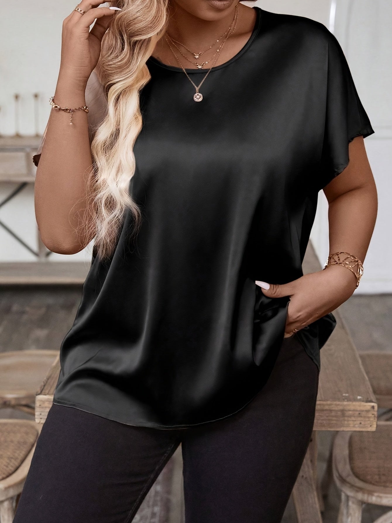 Plus Size Women's Satin Batwing Sleeve Blouse Black Short Sleeve Casual Semi-Formal