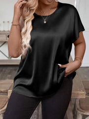 Plus Size Women's Satin Batwing Sleeve Blouse Black Short Sleeve Casual Semi-Formal