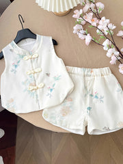 Conjunto de pantalones cortos de verano sin mangas con estampado floral y punto para niños, ideal para actividades al aire libre