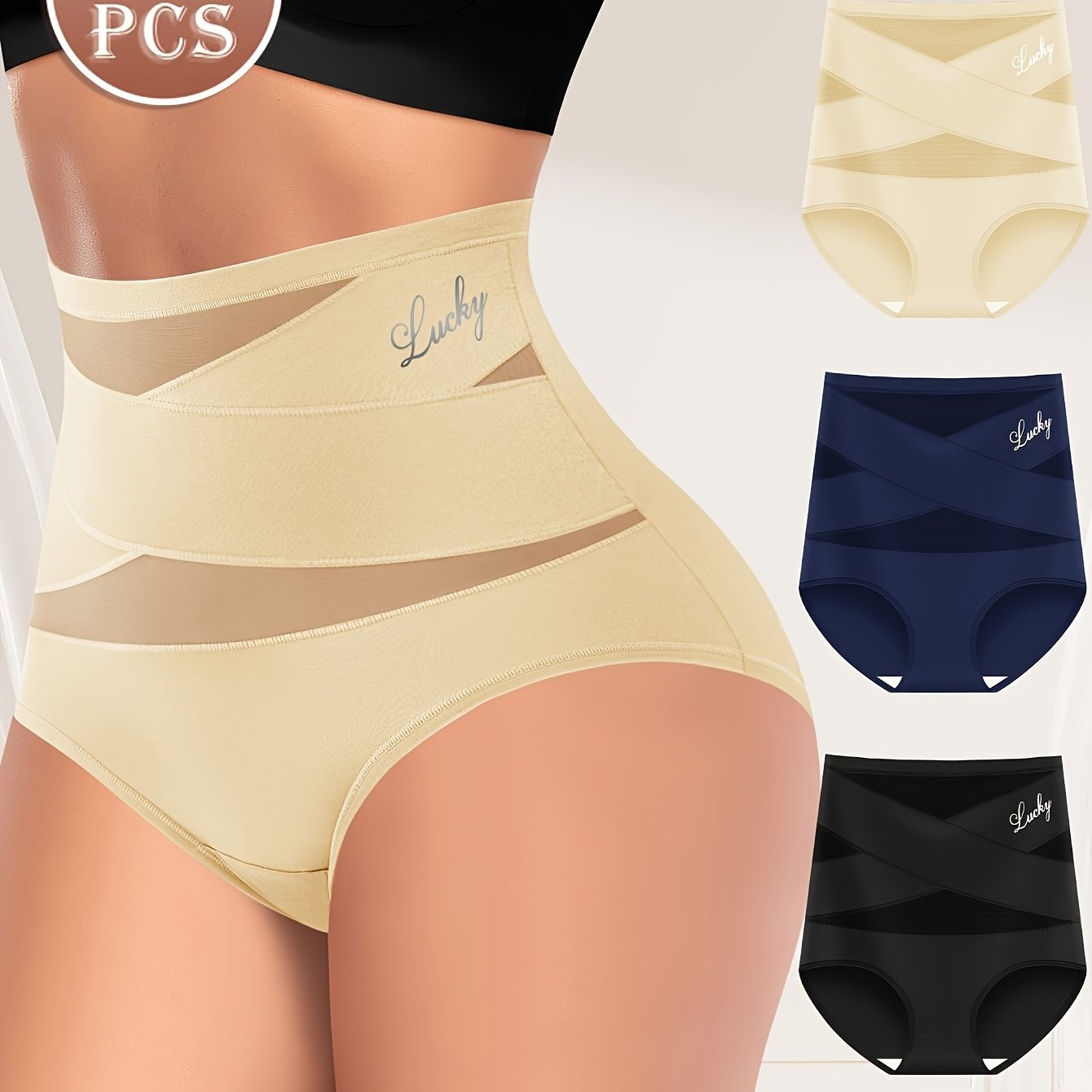 Women's High-Waist Tummy Control Briefs Breathable Mesh Seamless Butt Lift Polyester Elastane Set Black Pink Beige