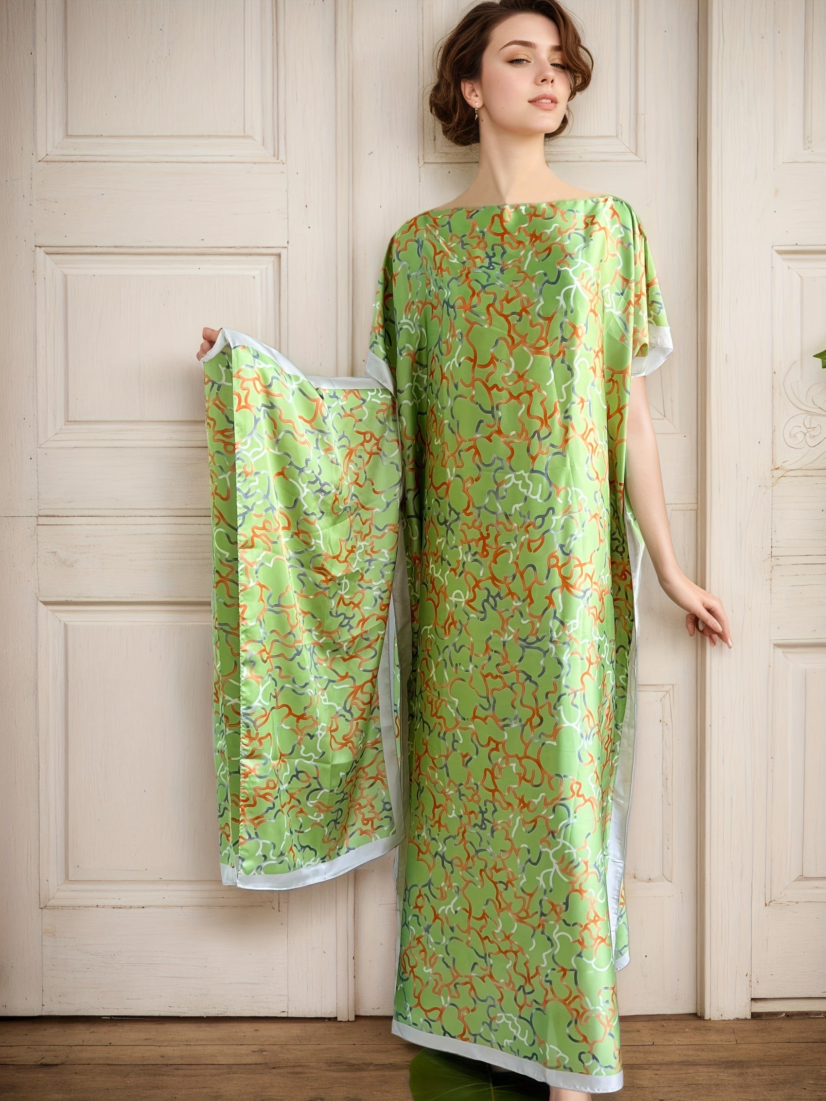 Women's Plus Size Green Printed Long Dress Batwing Sleeves All Seasons