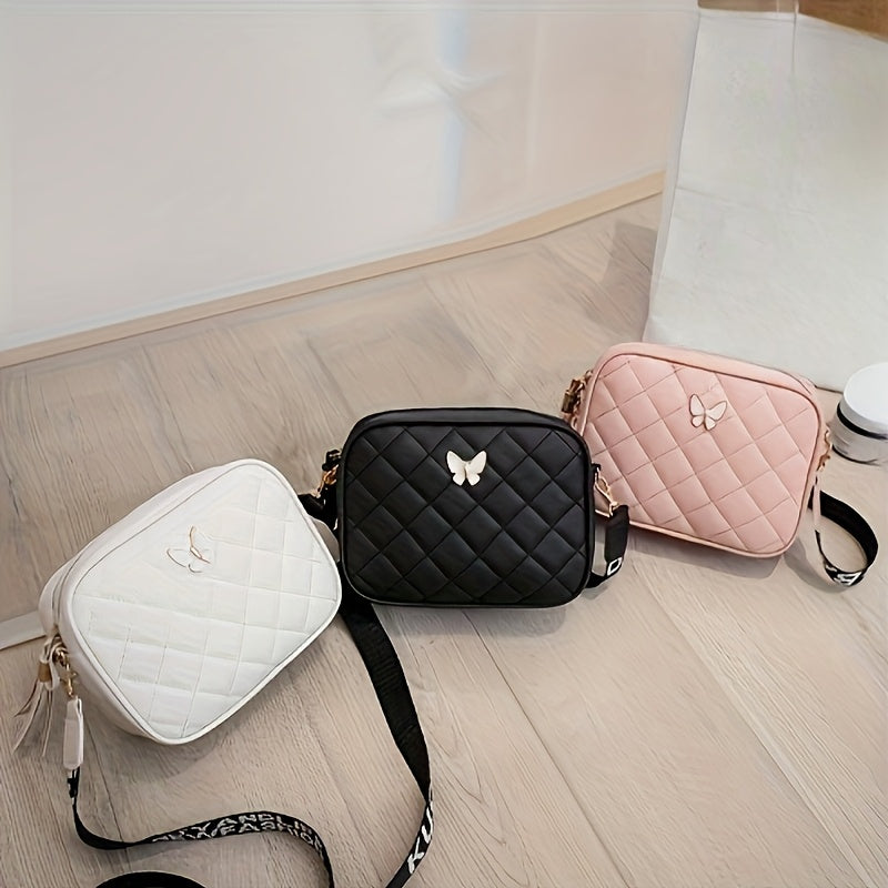 Girls Crossbody Bag PVC Diamond Lattice Adjustable Zipper Casual Fashion