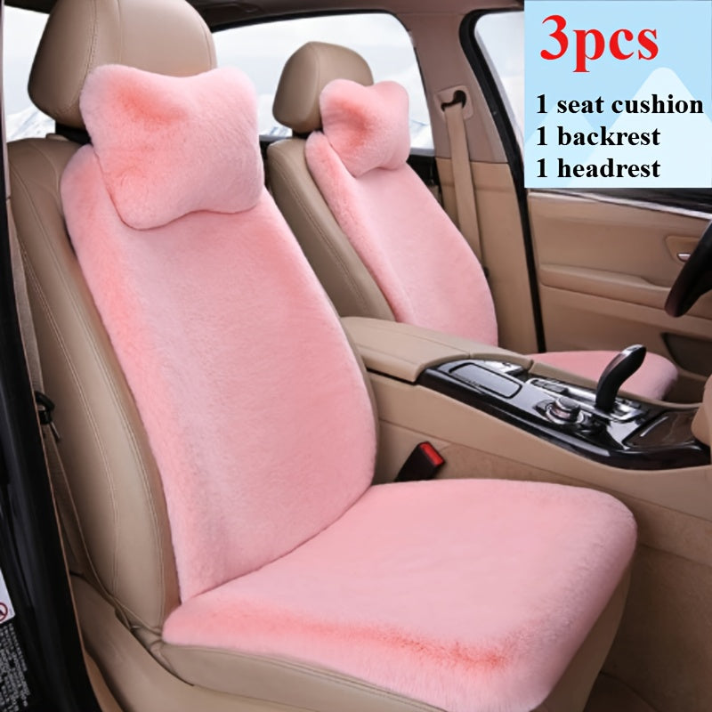 3-Piece Plush Pink Car Seat Cover Set for Front Row Winter Comfort