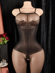 Women's Floral Lingerie Jumpsuit with Lace Up Back Open Crotch Stocking Light Support