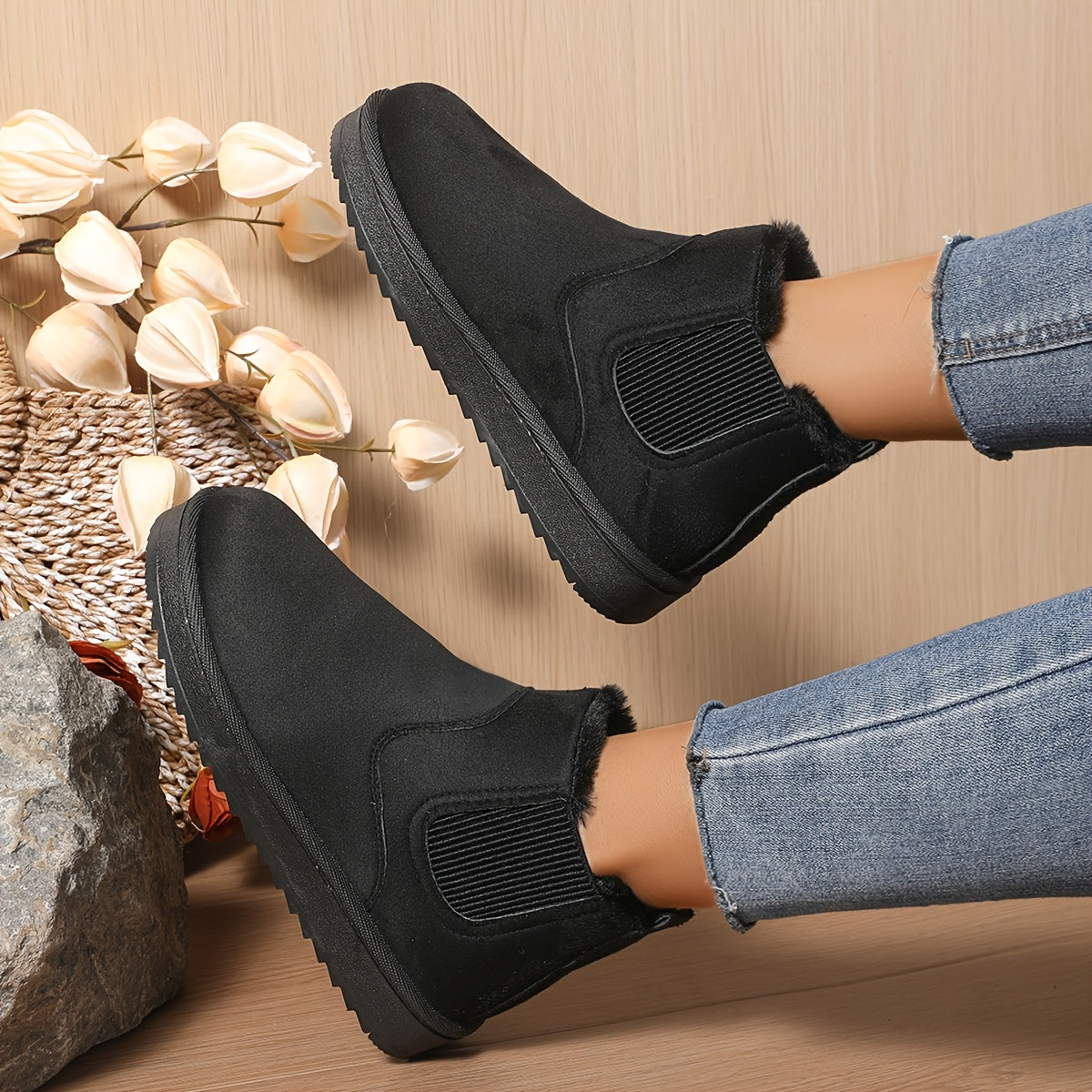 Women Fluffy Snow Boots Solid Color Winter Plush Lined Warm Shoes