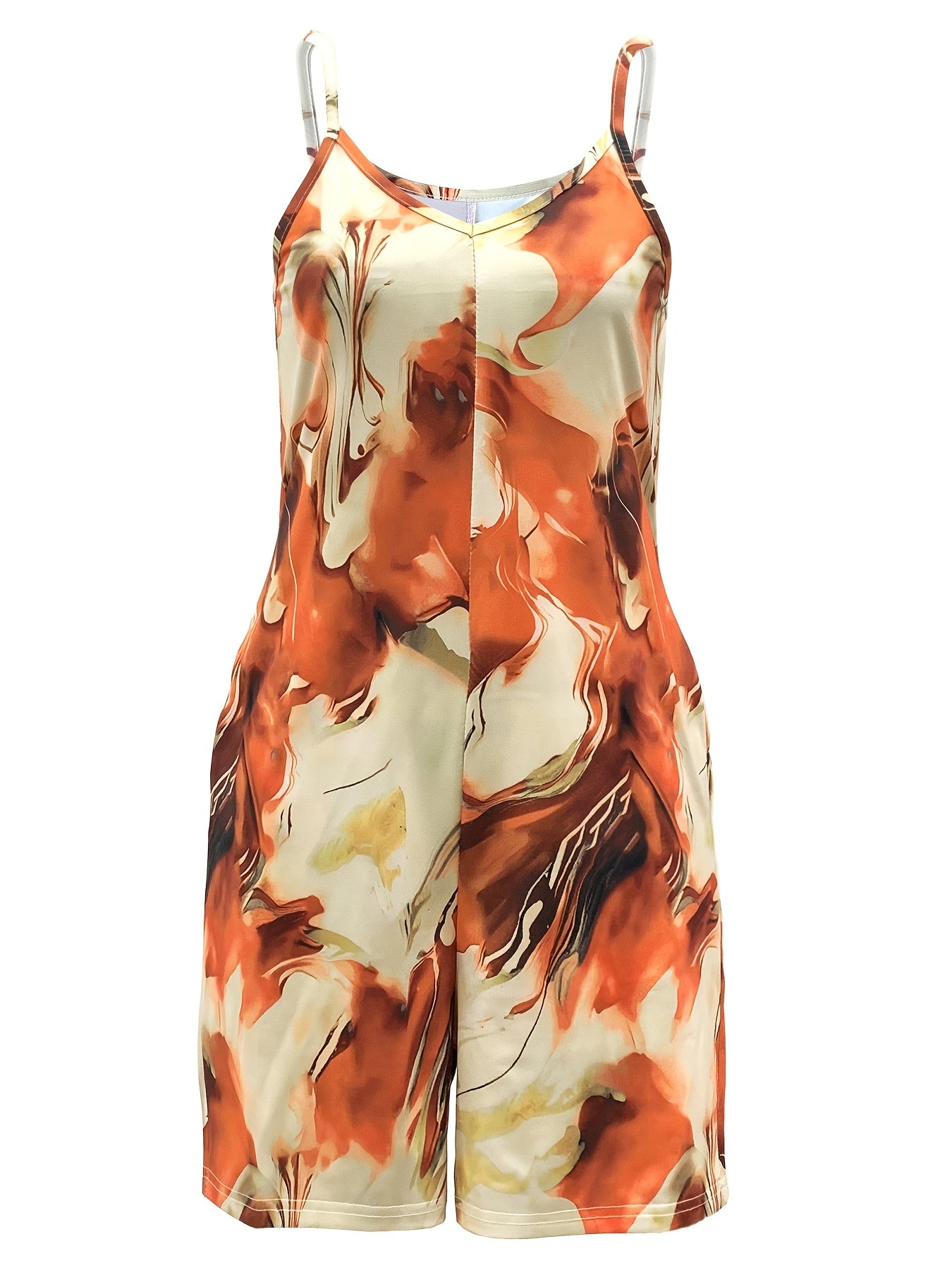 Vestido de verano para mujer con escote en V y estampado de mármol naranja con bolsillos