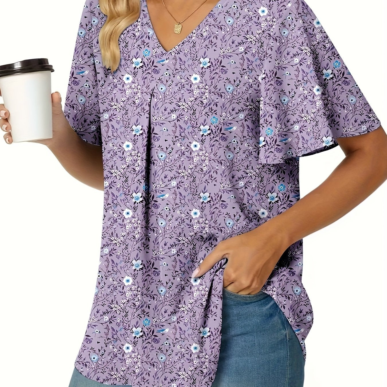 Блузка для женщин больших размеров с цветочным принтом, с рюшеобразными рукавами, фиолетовая и синяя, офисная одежда