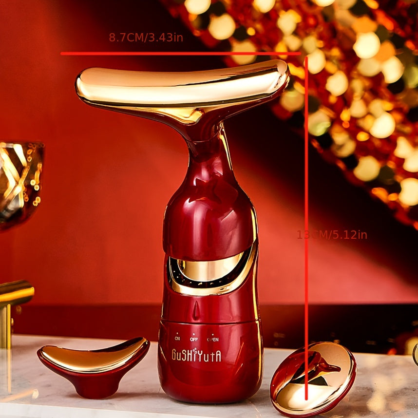 3-in-1 yuz, ko'z va bo'yin massajeri, issiqlik bilan, portativ batareyali, qizil oltin