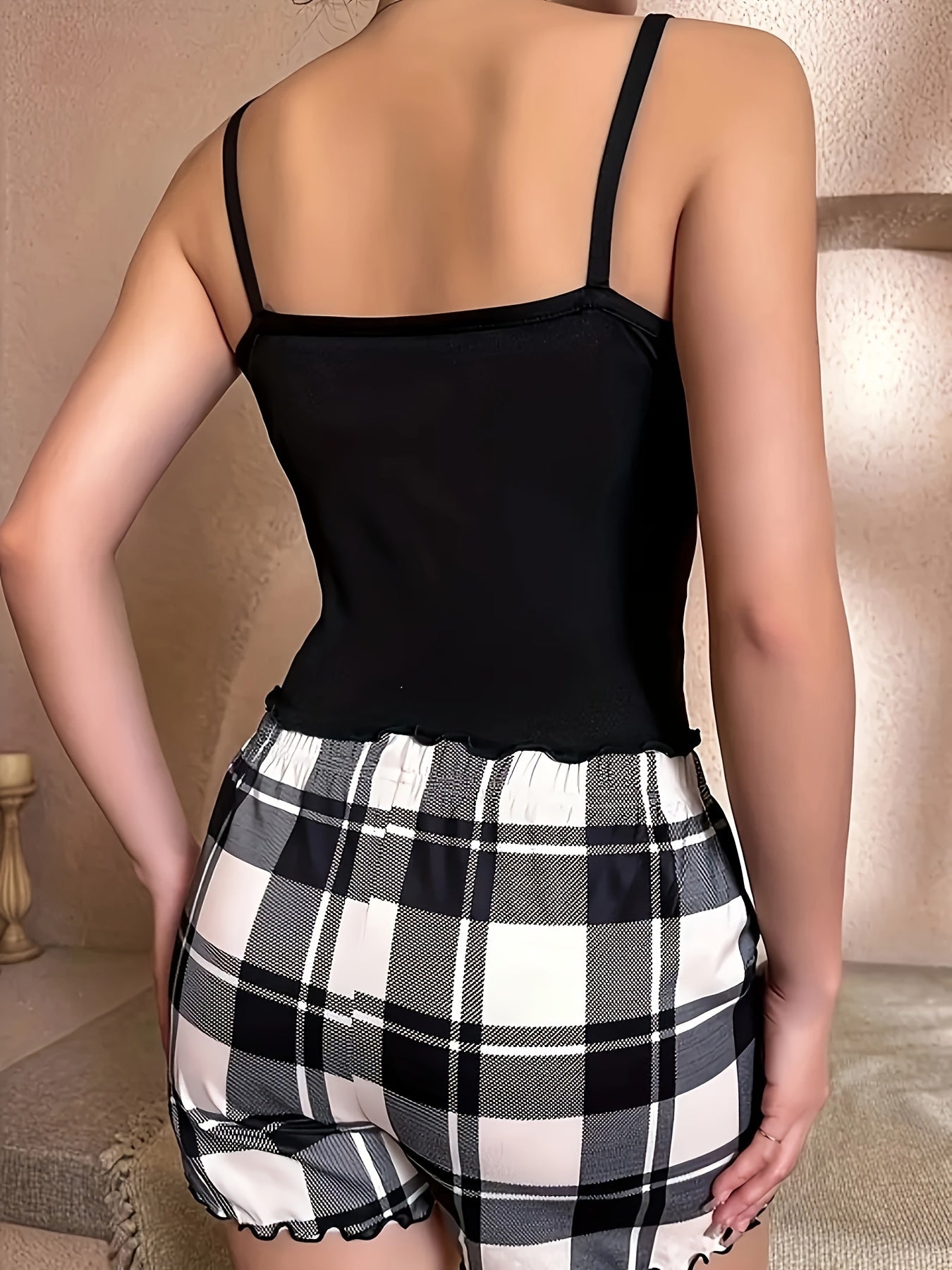 Women's Flame Resistant Pajama Set with Letter Print Spaghetti Strap Cami Top and Plaid Shorts