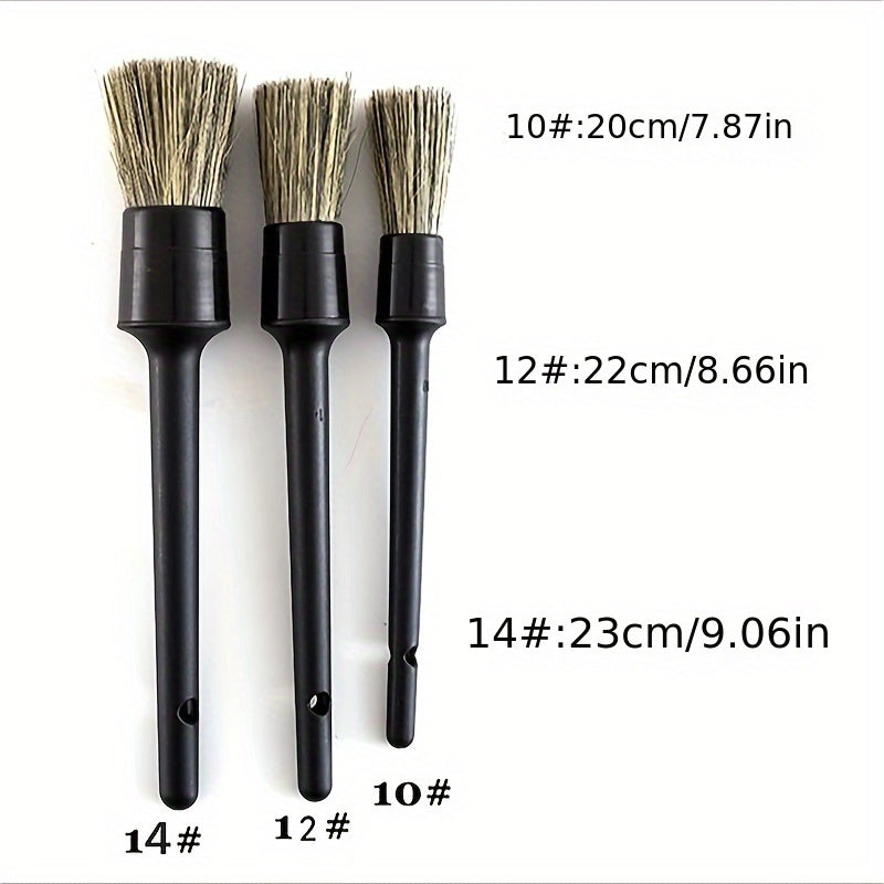 Set de 3 cepillos de cerdas suaves para detalles de coche de pelo de cerdo natural, limpieza exterior de neumáticos