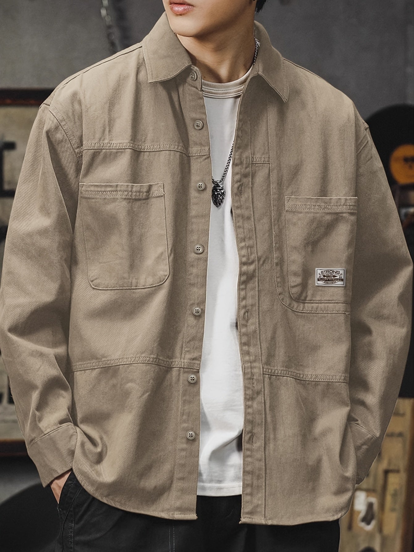 Men's Cotton Cargo Shirt Long Sleeve Solid Green Casual Spring Fall