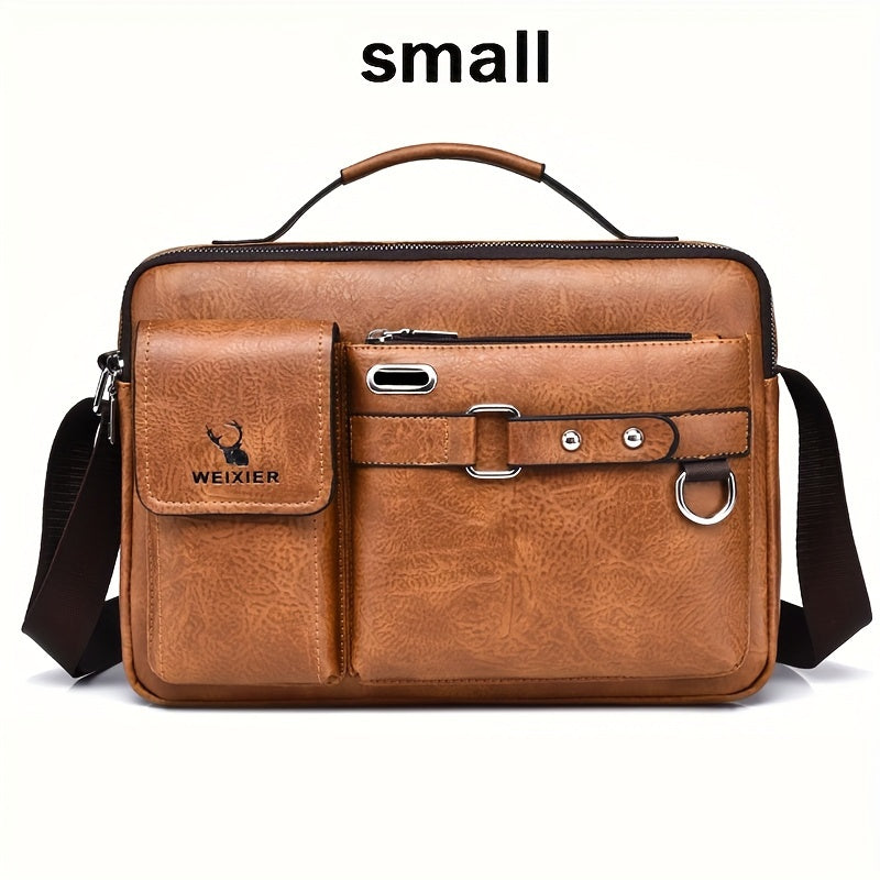 Men's PU Business Crossbody Bag Light Brown Adjustable Shoulder Strap for Office and Casual Use