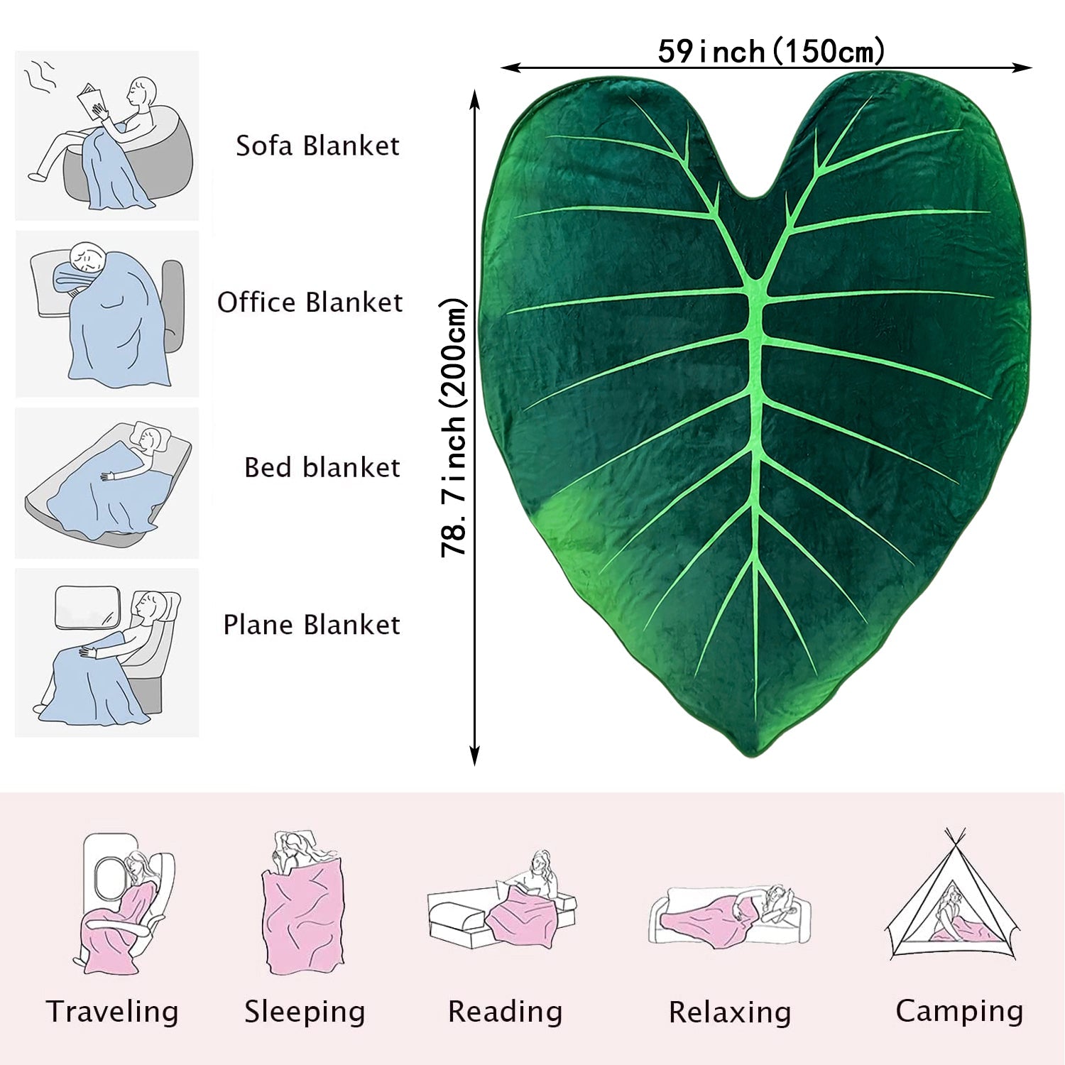 Green Leaf-Shaped Blanket with Digital Printing Cozy Couch Bed Sofa Throw
