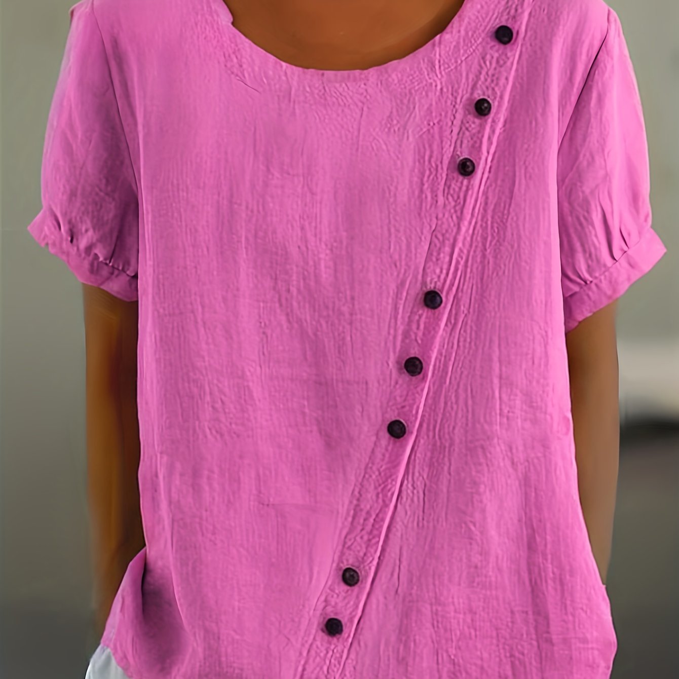 Blusa de algodón transpirable y ligera para mujer talla plus con botones frontales