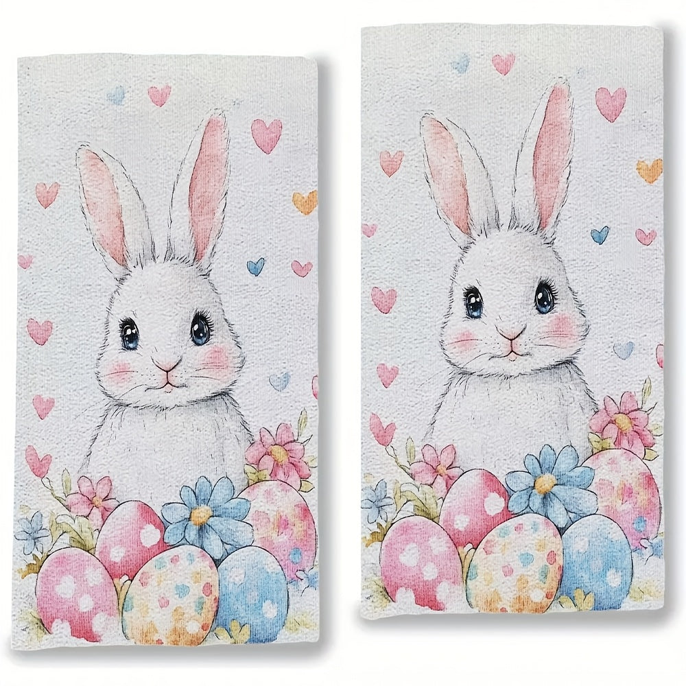 Set of 2 Ultra Soft Kitchen Towels Bunny Eggs Flowers 16x24 Inches