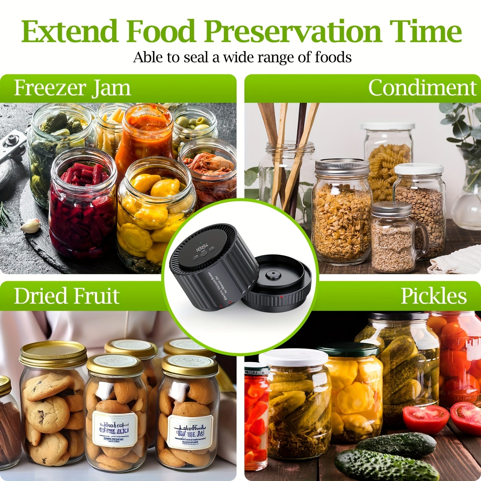 2025 yilda eng so'nggi elektrli Mason bankasi vakuum yopishtiruvchi to'plami kuchli yopishtirish va sirpanmaydigan dizaynga ega. 10 ta qo'shimcha qopqoq va 12 ta yorliq bilan, qulay vakuum uchun bitta bosish bilan ishlash imkoniyatiga ega.