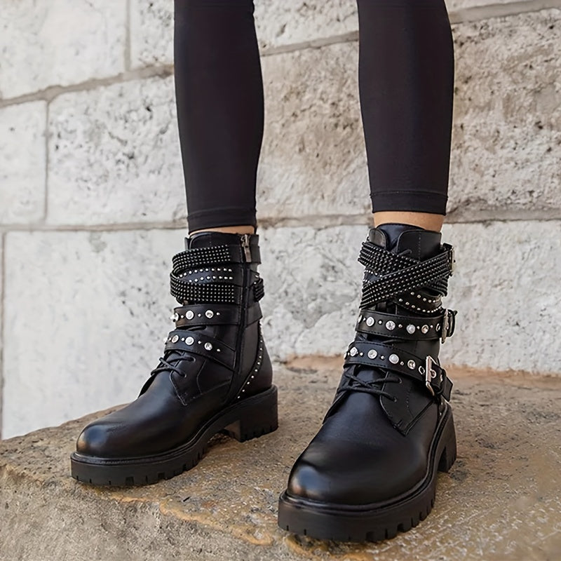 Women's Solid Color Combat Boots with Side Zipper and Buckle