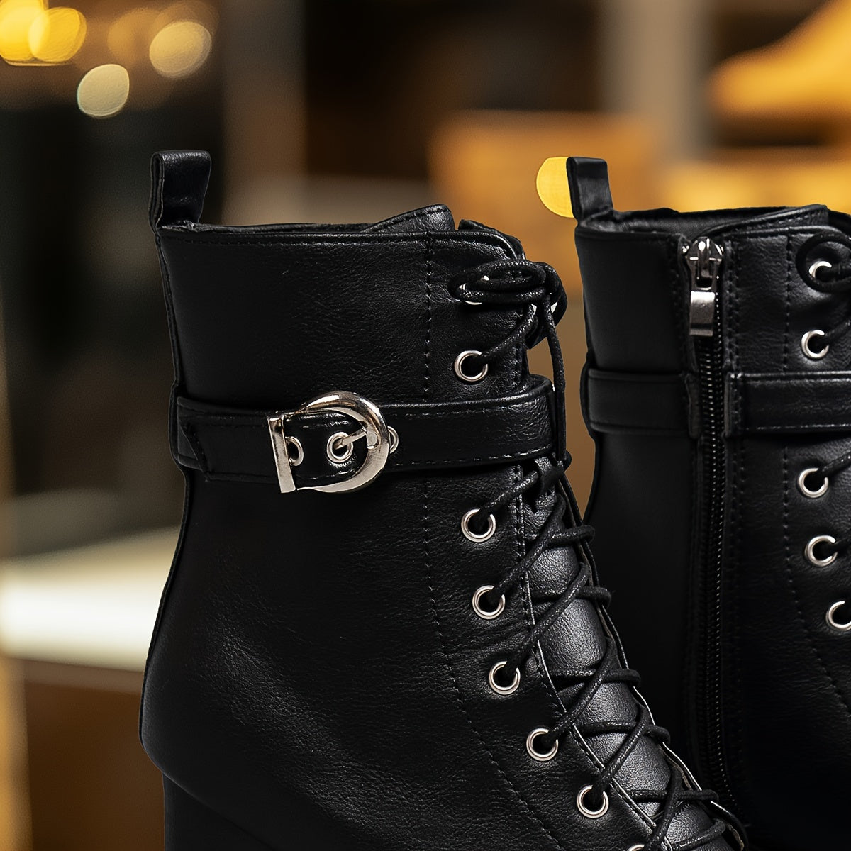 Женские ботинки на платформе с средним каблуком, однотонные, круглым носком, на шнуровке