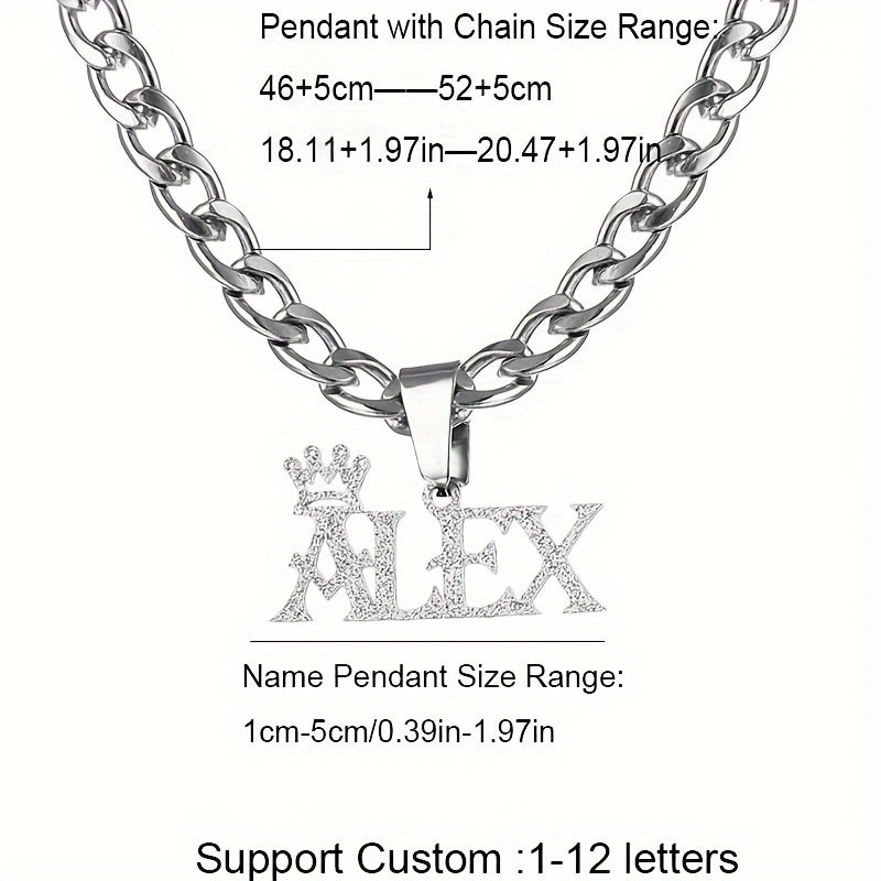 Stainless Steel Pendant Necklace with Crown Charm Custom Name Men Jewelry