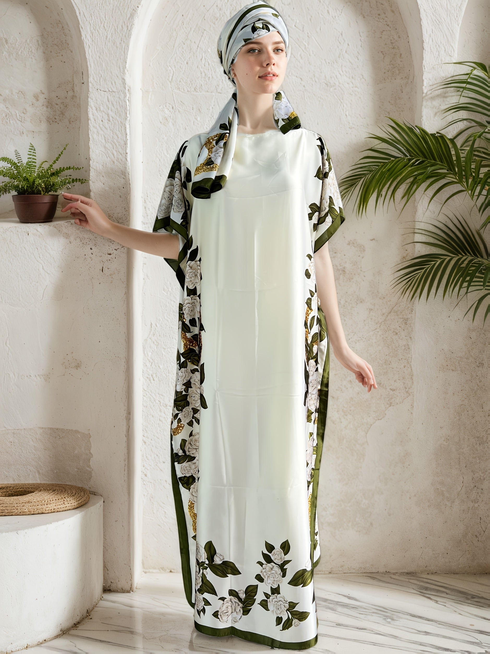 Plus Size Women Maxi Dress Peach Floral Print Shawl Collar Batwing Sleeves