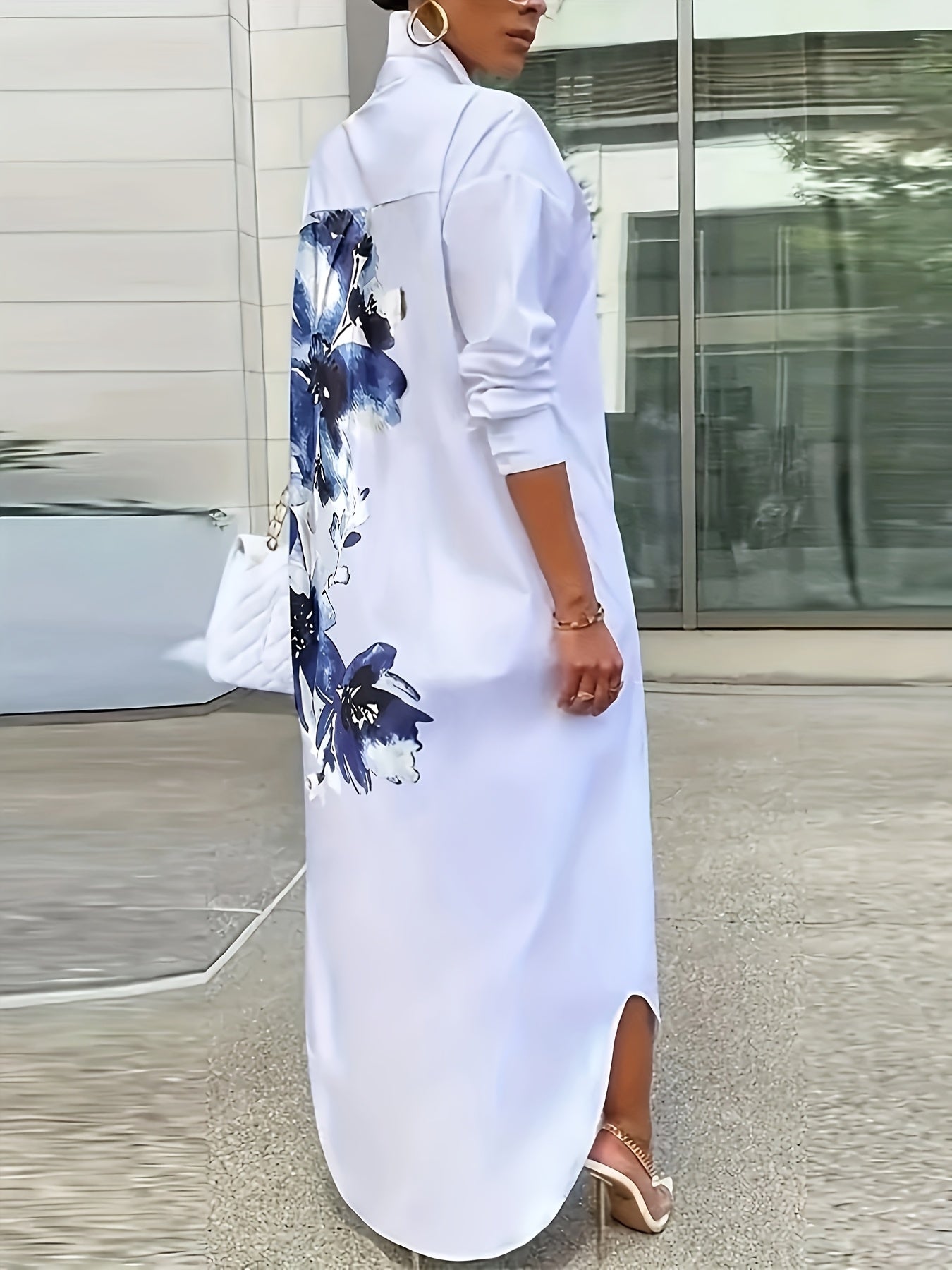 Платье-рубашка с цветочным принтом для полных женщин, длинный рукав, на пуговицах, из полиэстера, весна-осень