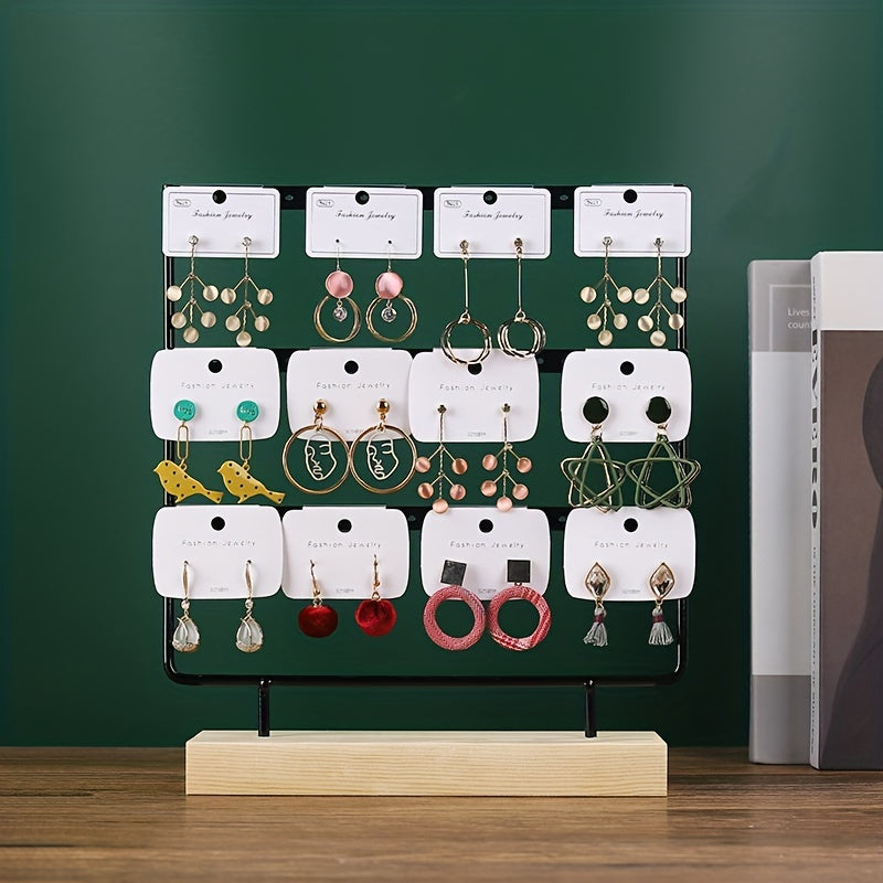 Metal Jewelry Storage Rack with Wooden Base for Earrings Organization