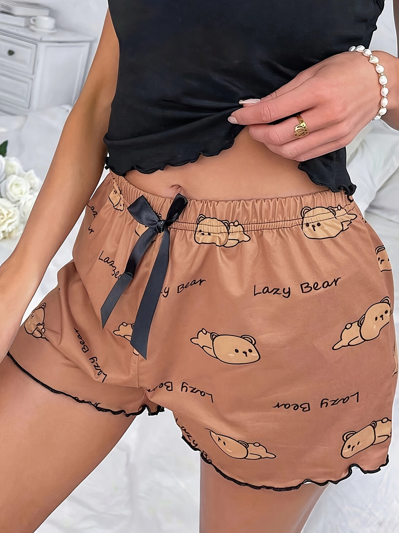 Women's Sleep Shorts with Bear Pattern, Frill Trim, Bow Tie, Polyester, Cute