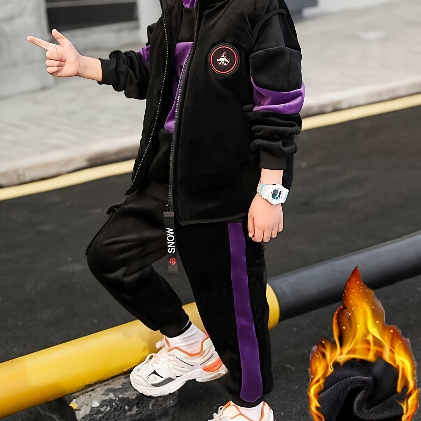 Boys Winter Three-Piece Set Hoodie Vest Pants Casual Sporty Warm Velvet for Medium to Large Children