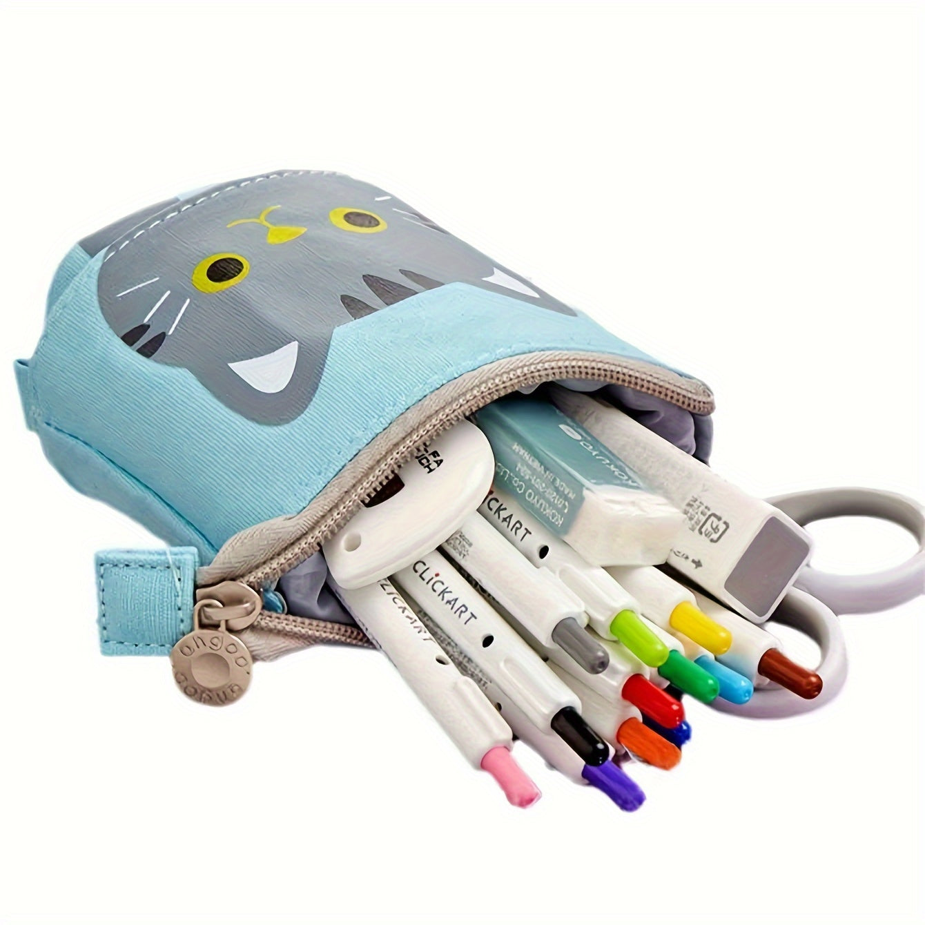 Canvas Cat Pencil Case with Zipper, Expandable, 2-in-1 Telescopic Pouch for Students