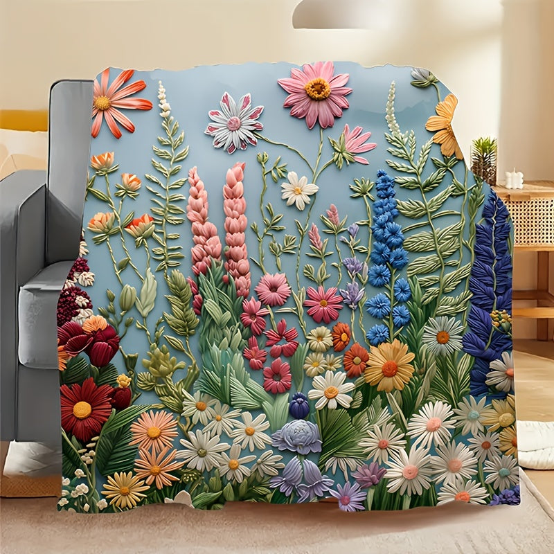 Floral Embroidered Throw Blanket Soft Cozy Flannel for Home Camping Travel