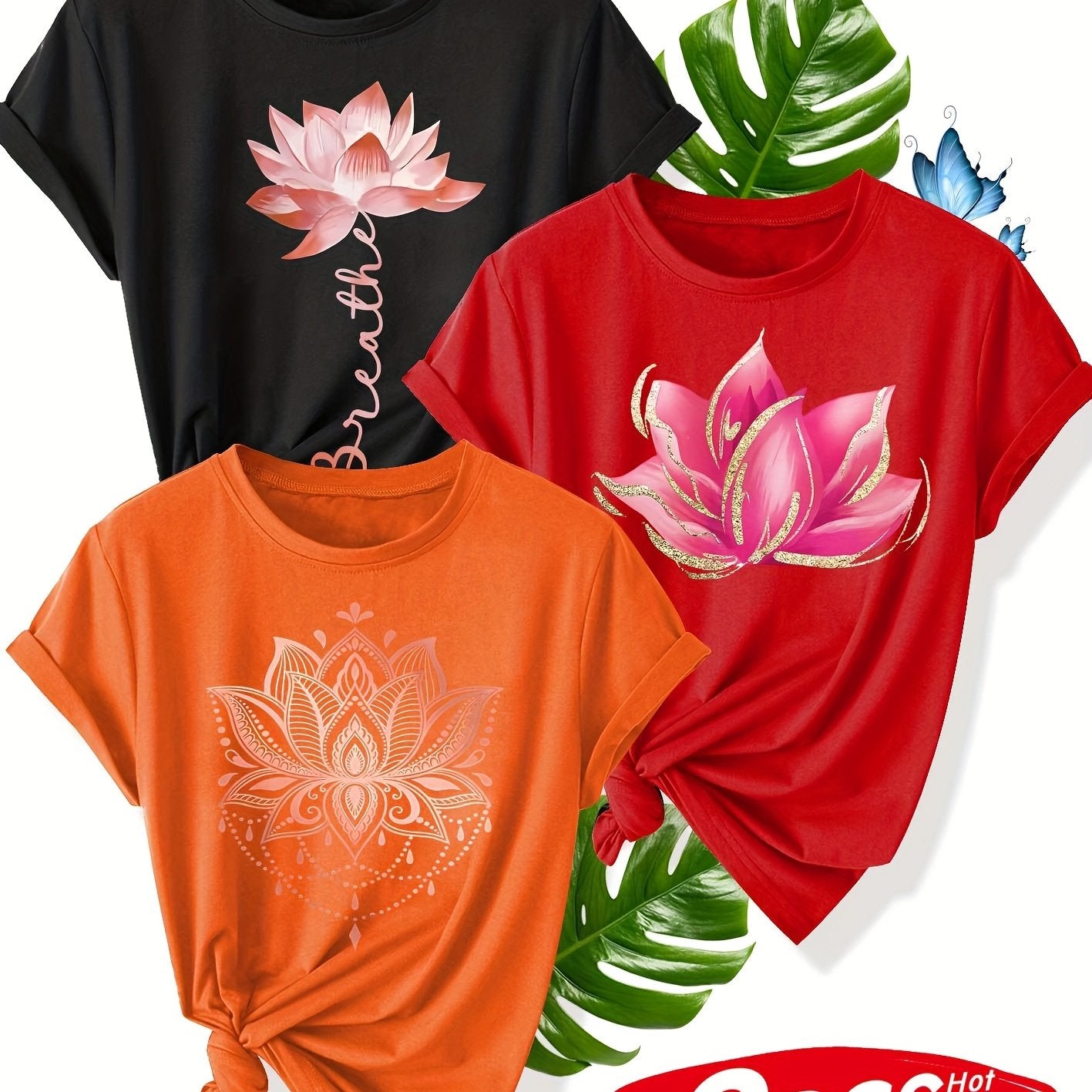 Conjunto de camisetas con estampado floral para mujer, pack de 3, poliéster transpirable, verano casual