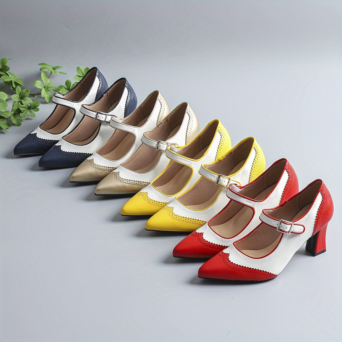 Women's Leather Pointed Toe Pumps Vintage Chunky Heel Formal Shoes