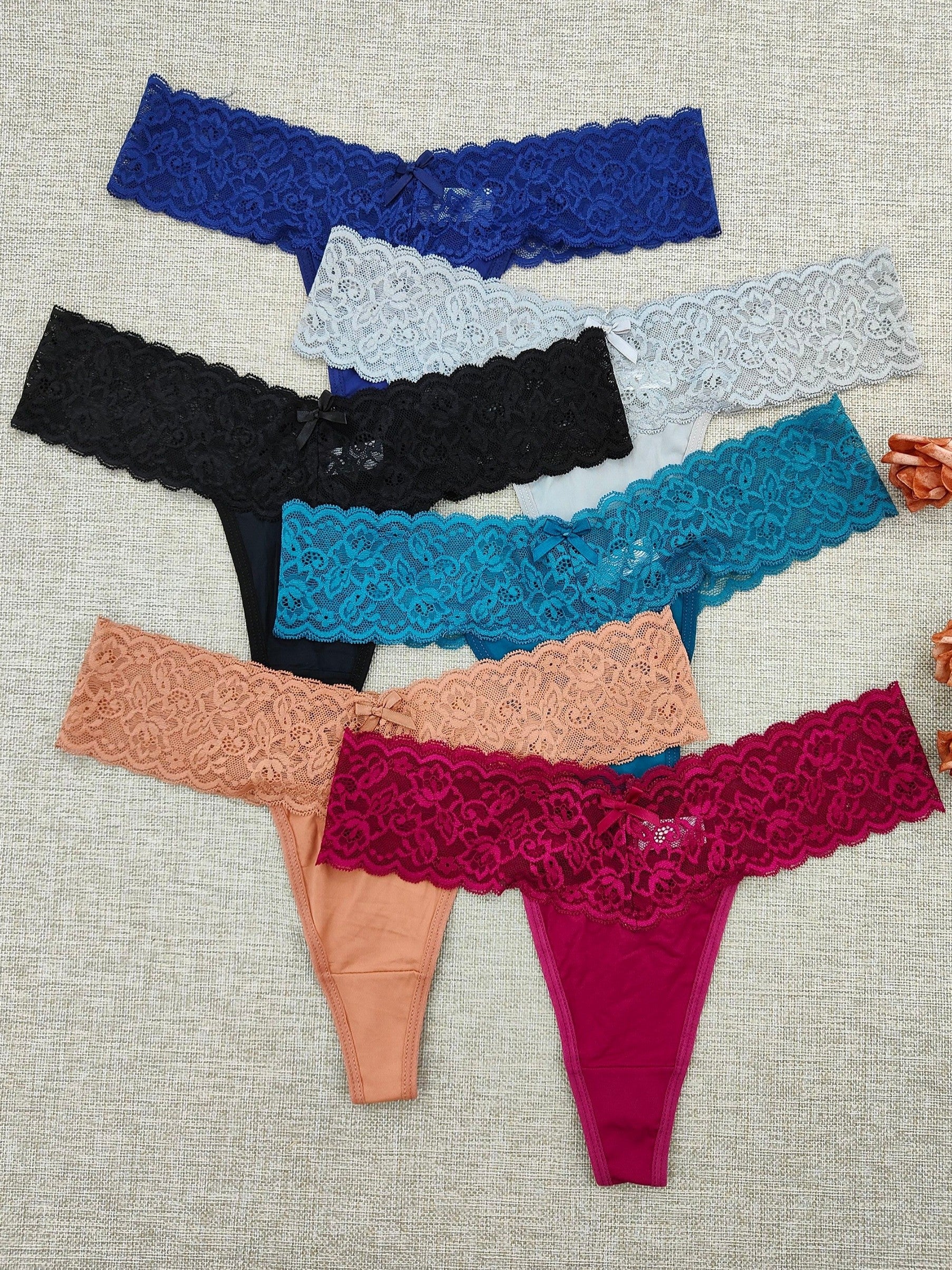 Women’s Lace Thongs Pack of 6 Soft Stretchy Jacquard Underwear