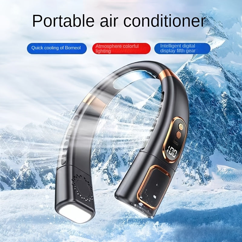 Unisex Portable Neck Fan with Digital Display 7-Color LED 5-Speed Rechargeable Battery for Travel and Sports