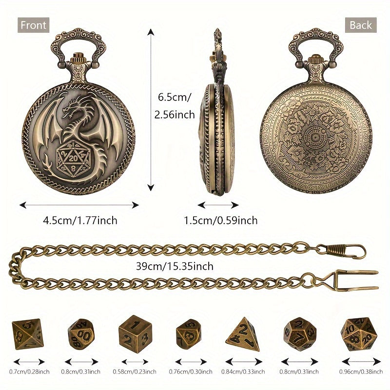 Vintage Dragon Alloy Pocket Watch with Chain and 7-Piece Dice Set for Role-Playing Games