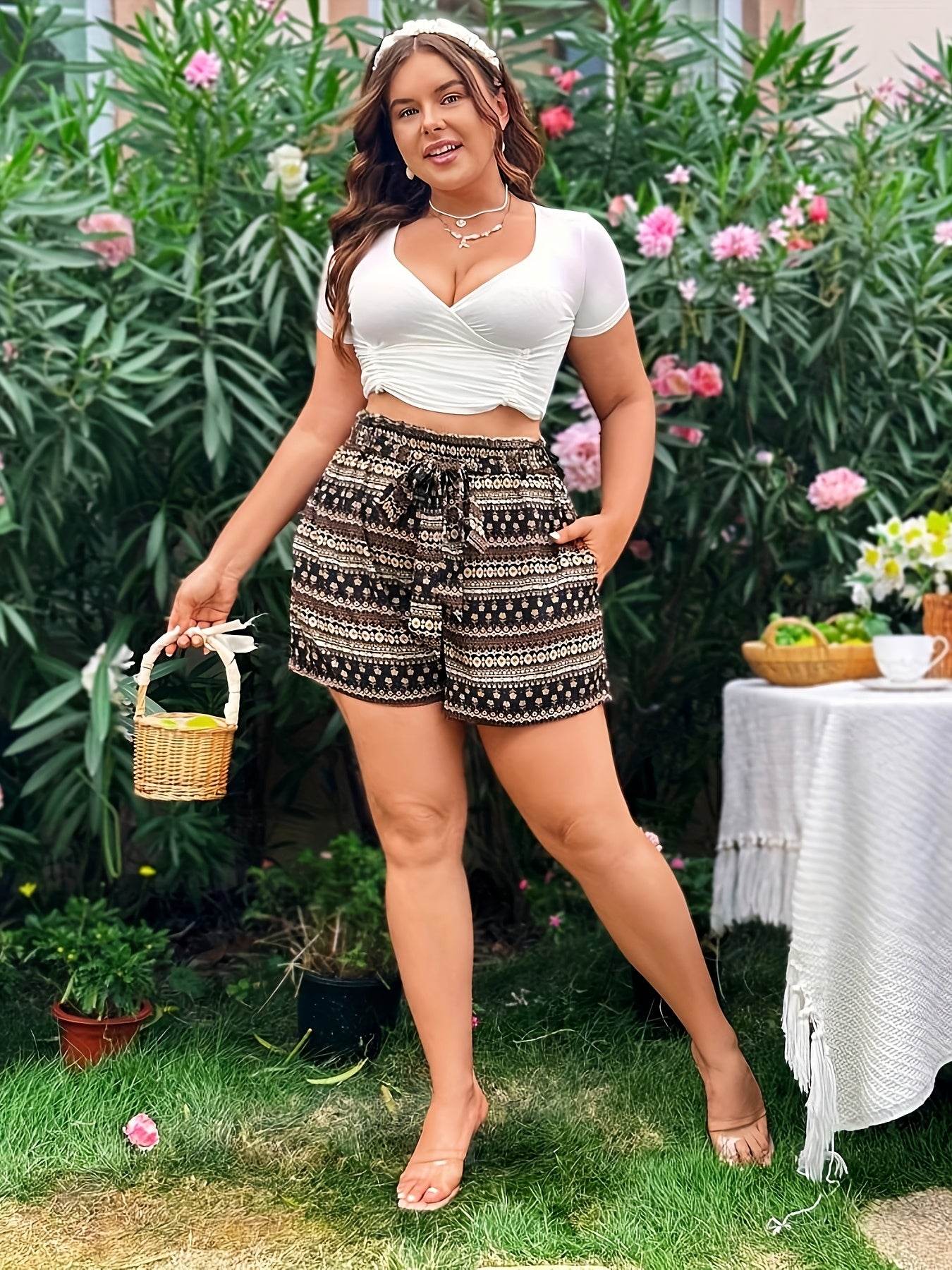 Women's Plus Size Bohemian Floral Print Wide-Leg Shorts - Casual Vacation Style