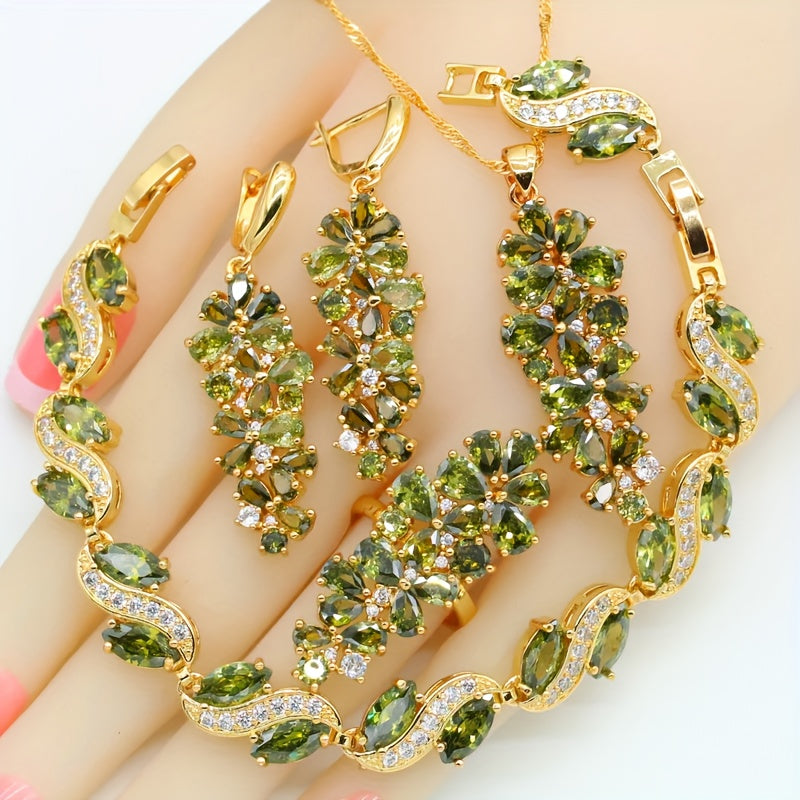Women's Vintage Cubic Zirconia Jewelry Set with Tennis Bracelet Earrings Pendant Necklace Ring